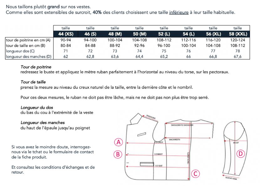 guide des tailles blazer Gianni extensible Wolbe