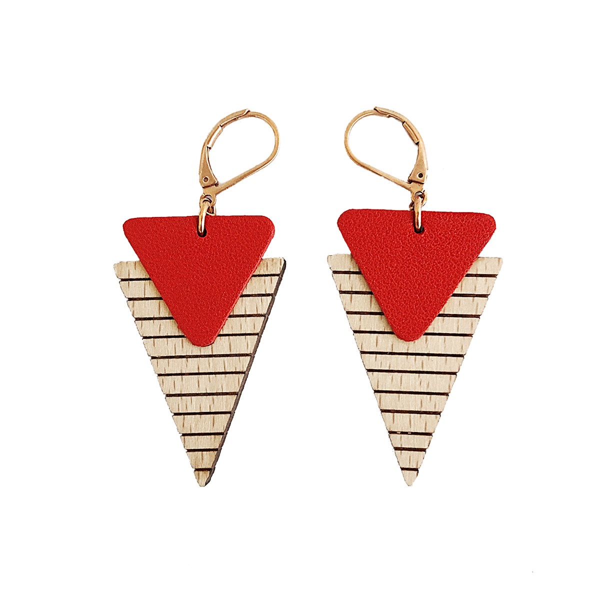 Boucles d'oreilles en cuir et bois - Marinière Rouge 2
