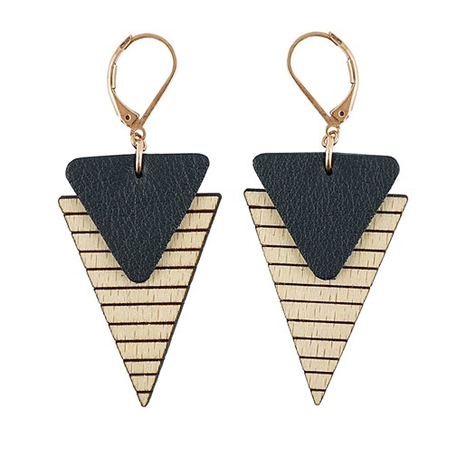 Boucles d'oreilles en cuir et bois - Marinière Noir 