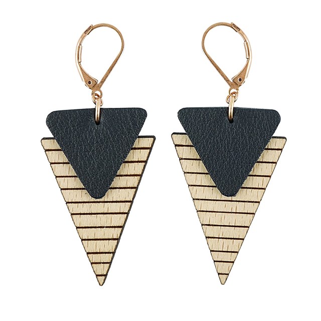 Boucles d'oreilles en cuir et bois - Marinière Noir  2