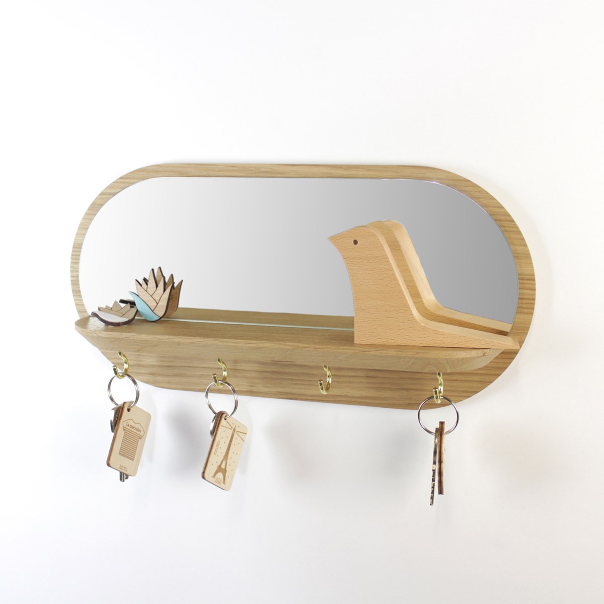 Miroir vide poche et porte-clés mural chêne - MINI MOONLIGHT doré 4