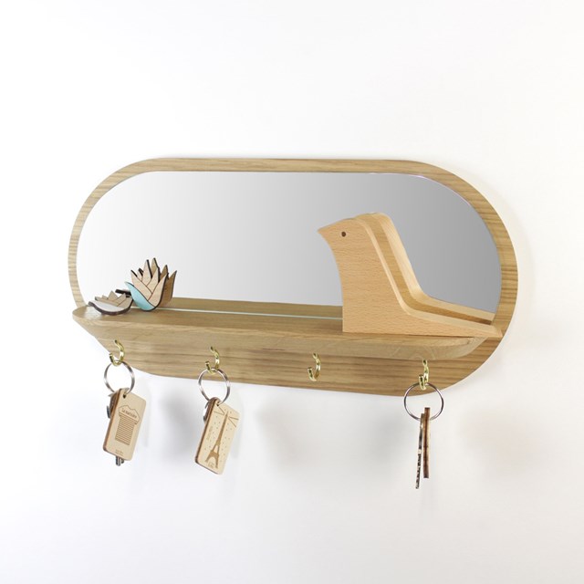 Miroir vide poche et porte-clés mural chêne - MINI MOONLIGHT doré 4