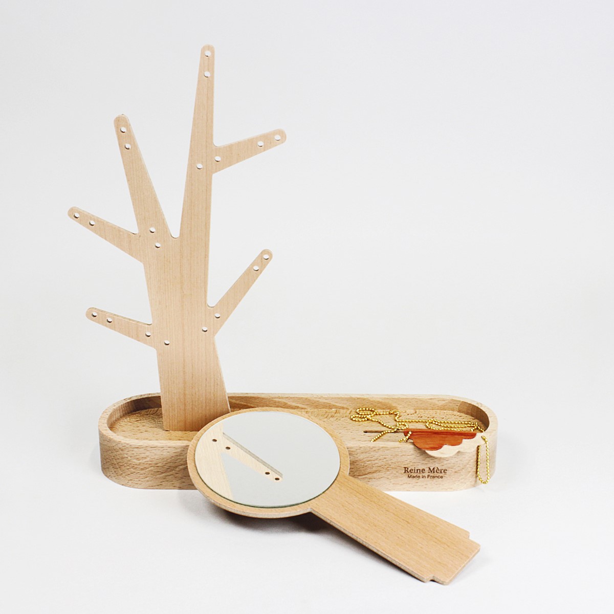 Abre à boucles d'oreilles et son miroir amovible fabriqué en France en bois