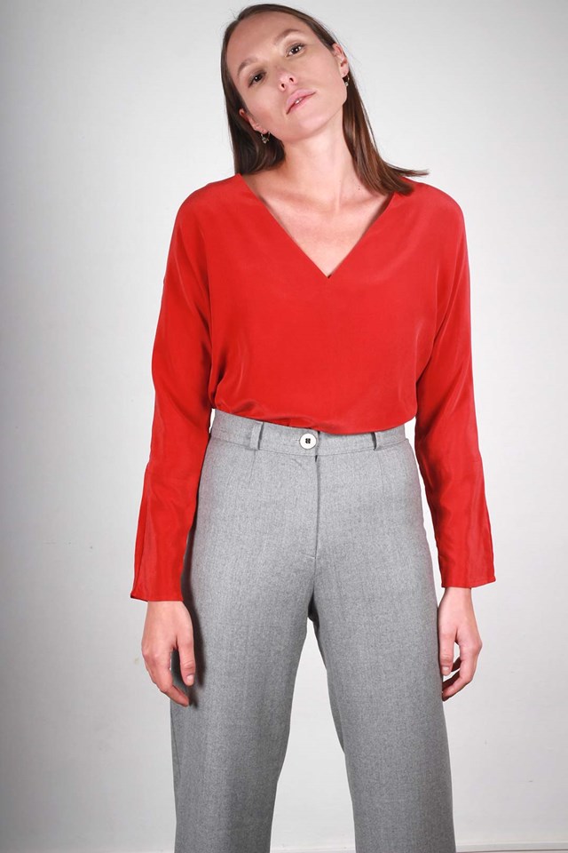 Pantalon large gris en laine flanelle - Laura 3