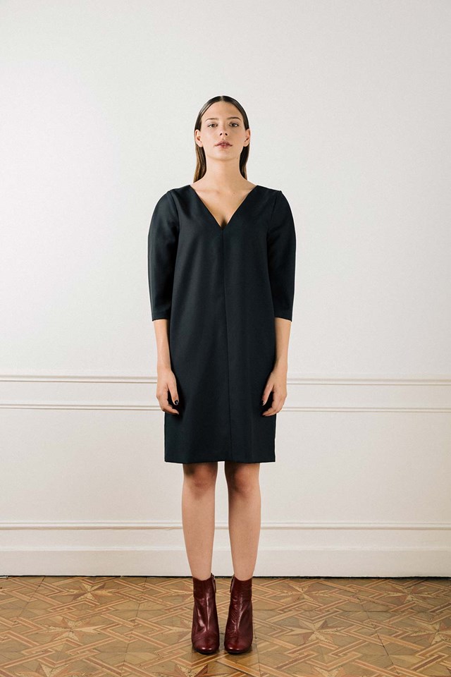 Robe droite noire manche 3/4 en laine froide - Chrystelle 2