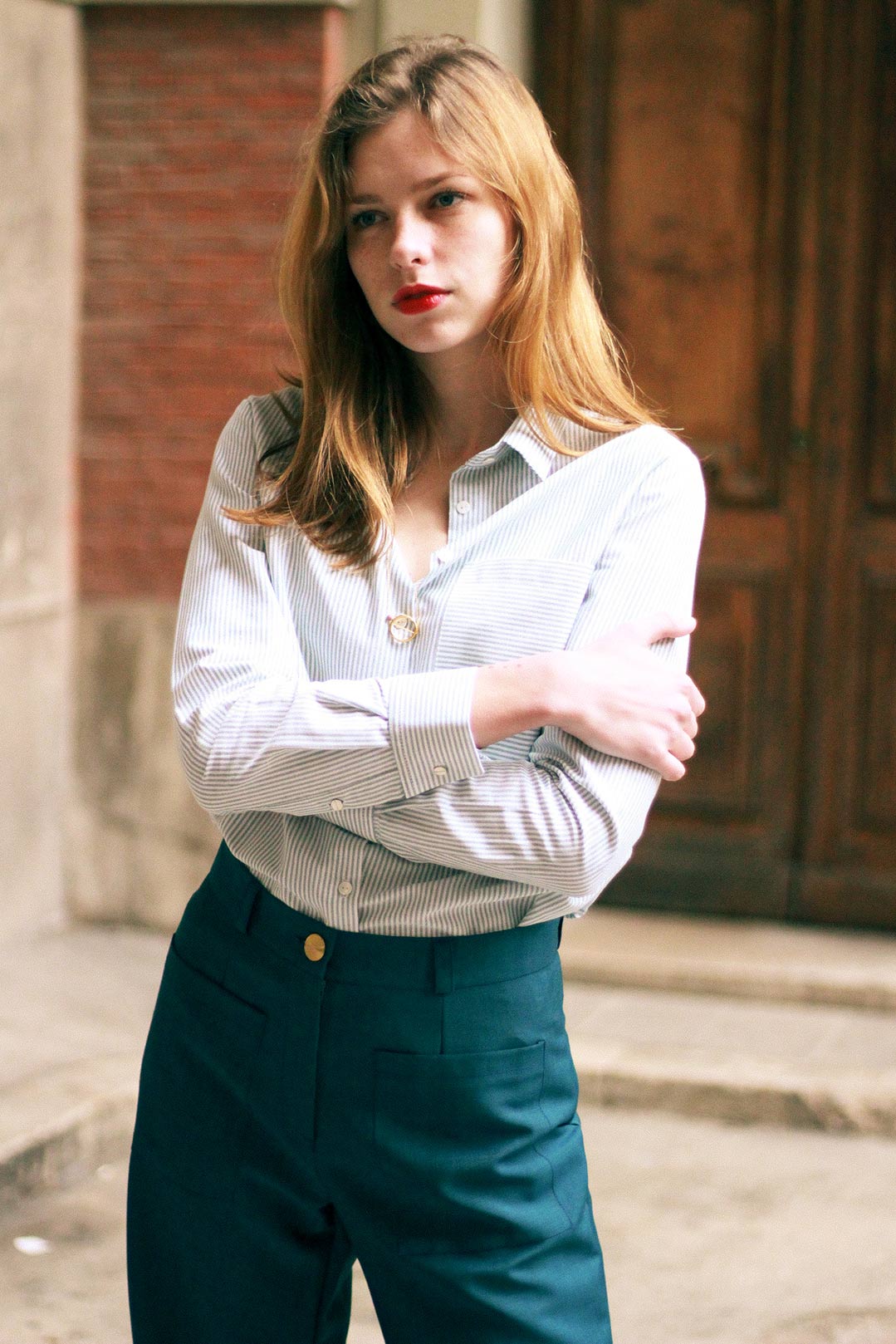 Chemise rayée verte et blanche en coton OEKO-TEX - Claire 2