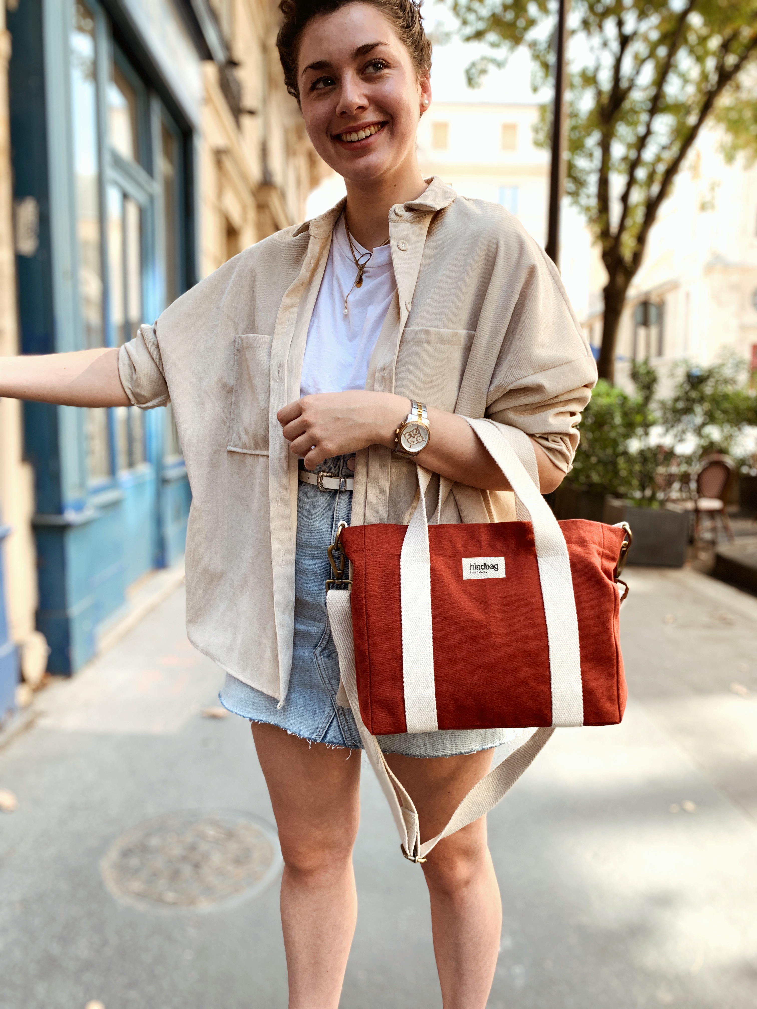 Sac à main cabas LOUISE, avec bandoulière, rouge terracotta, coton bio 3