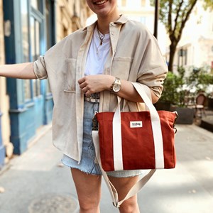 Sac à main cabas LOUISE, avec bandoulière, rouge terracotta, coton bio