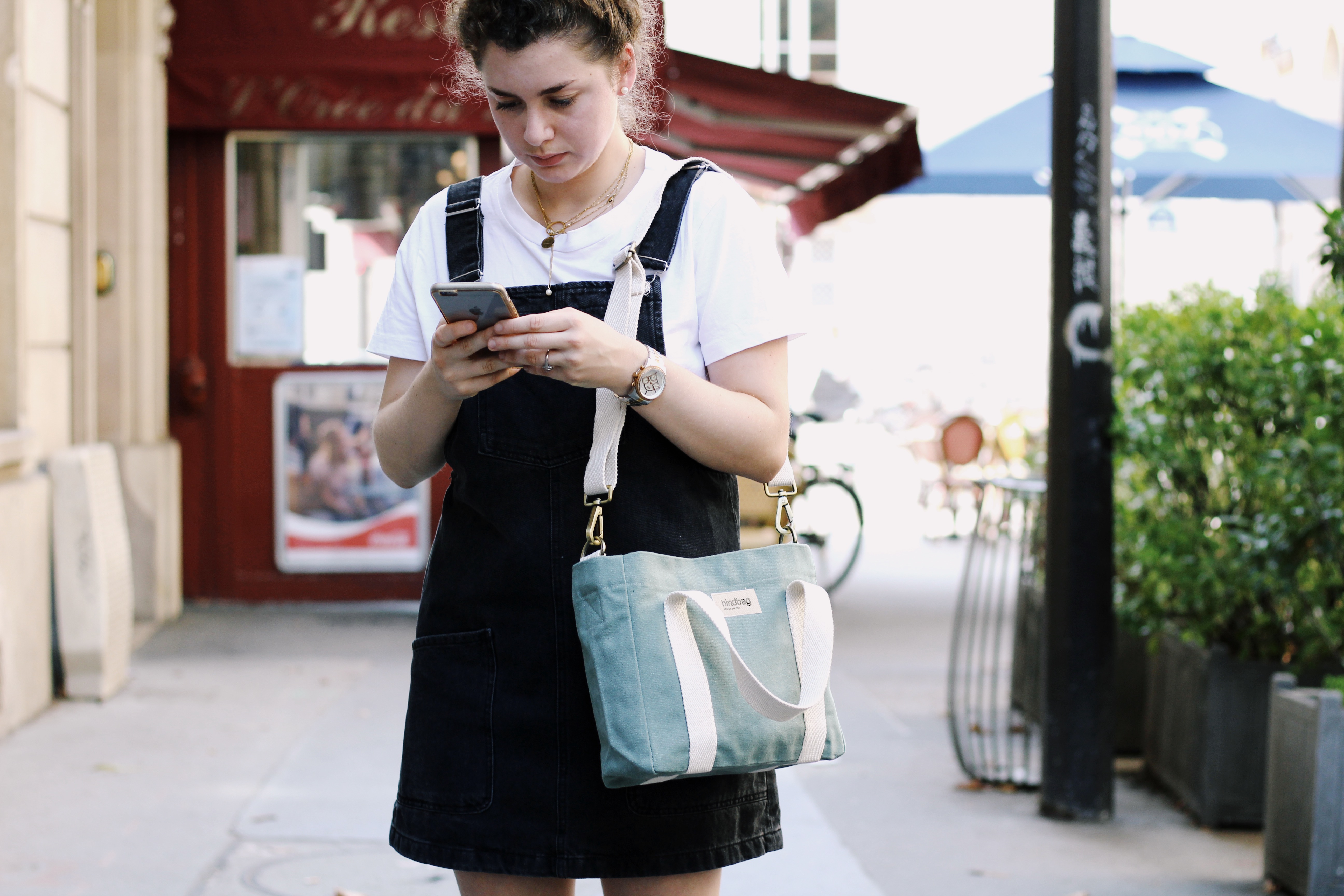 Sac à main cabas LOUISE, avec bandoulière, vert sauge, coton bio 2
