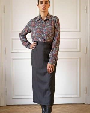 Produit : JUPE CRAYON ZENAS MIDI - 100% Laine upcyclé noir de face