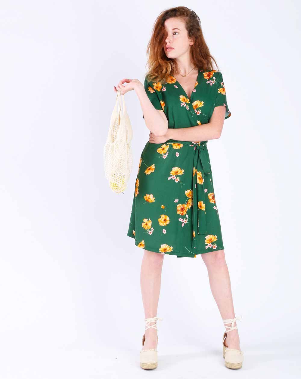 ROBE PORTEFEUILLE ZISKA 100% VISCOSE IMPRIMÉE VERTE MANCHES COURTES 2