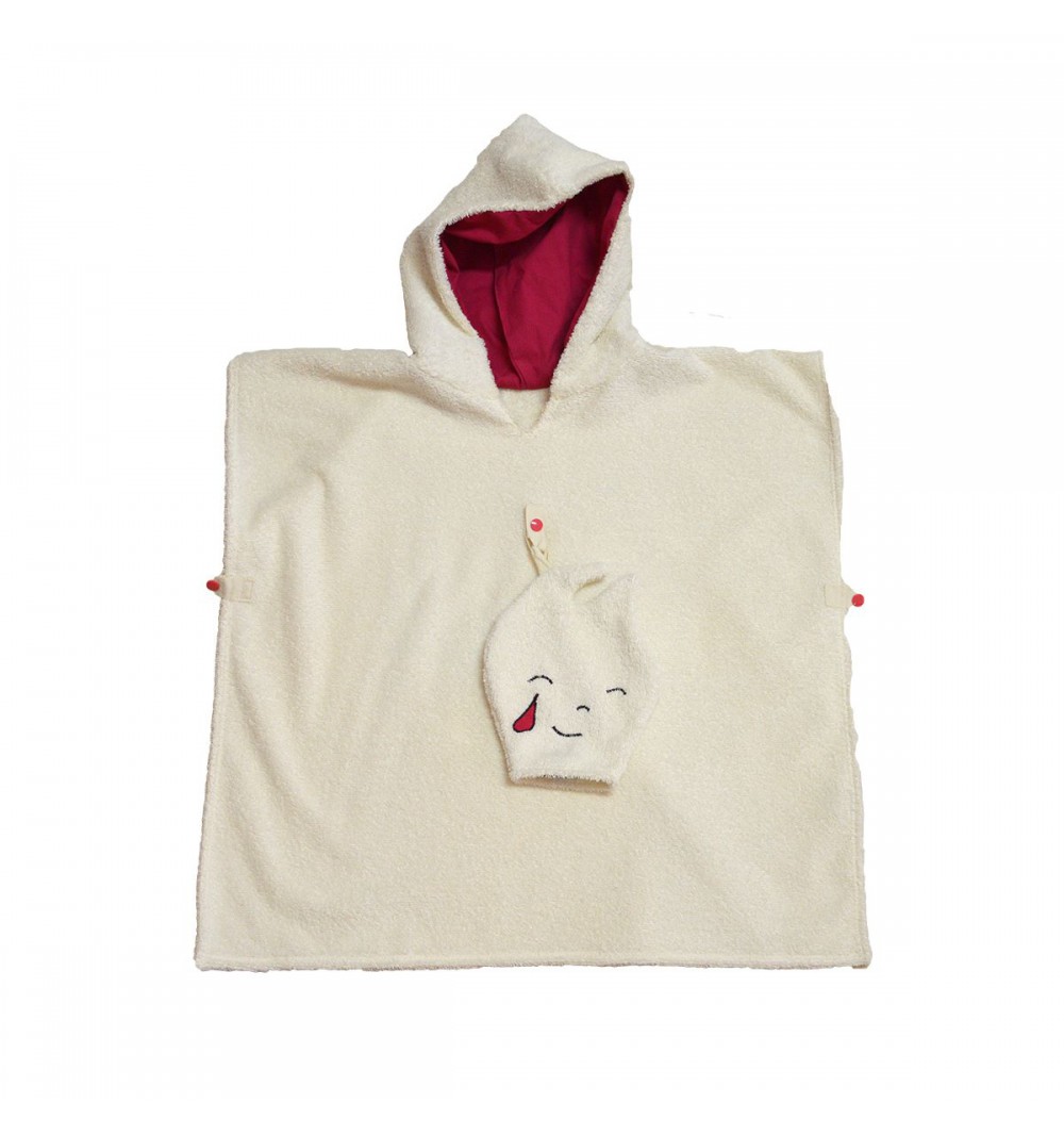 Poncho de bain et gant en coton bio - Rose fuschia (Goutte d'eau) 2