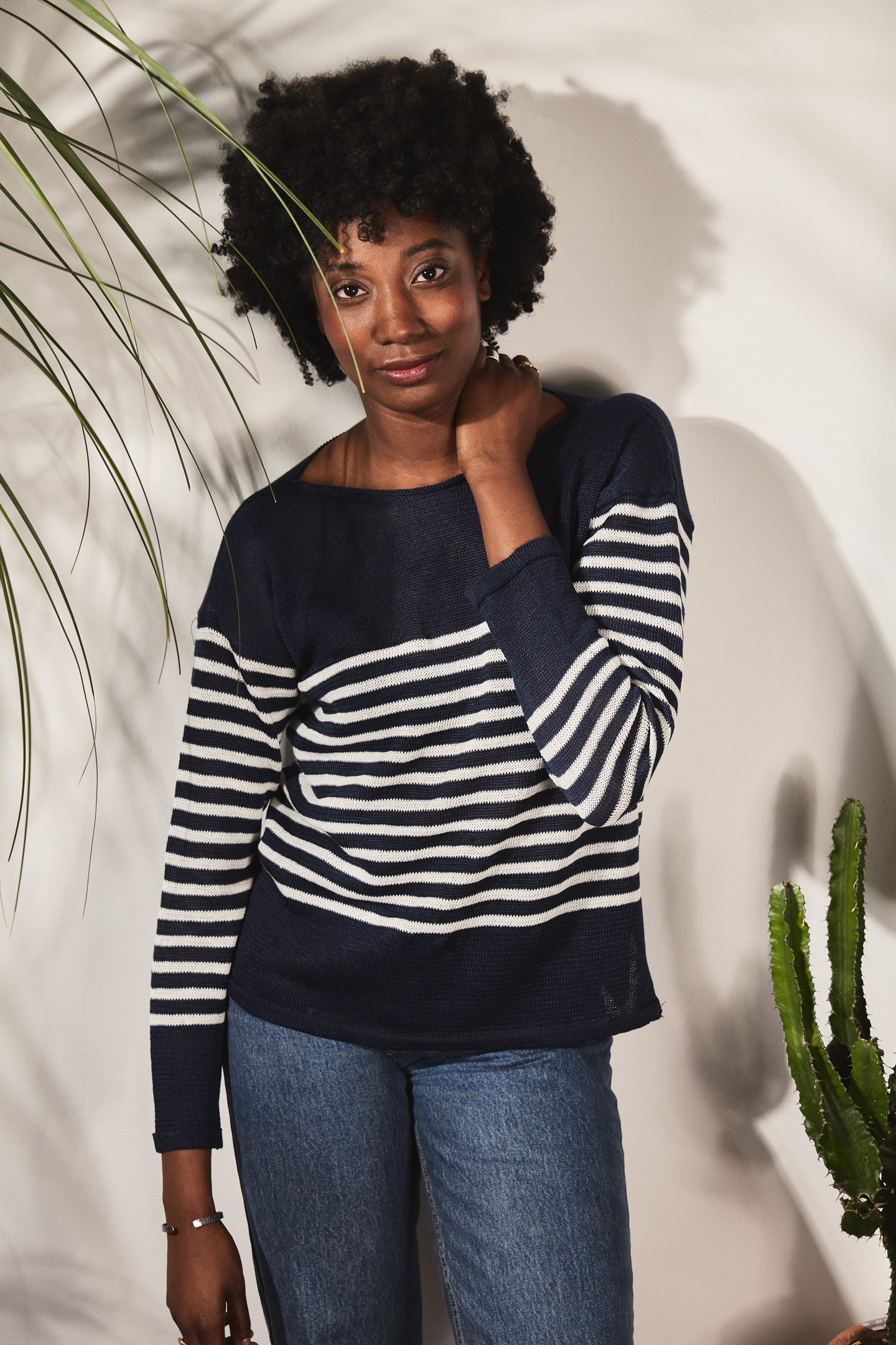 Marinière col bateau 100% lin - bleu marine/blanc 2