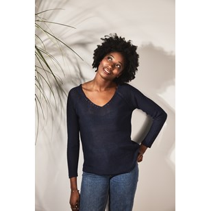 Pull persil col V 100% lin - Navy