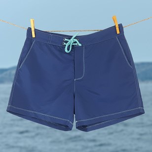 Short de bain bleu marine, coutures turquoises