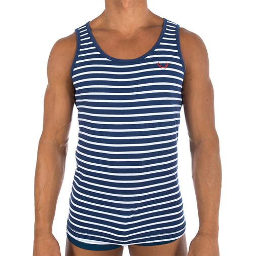 Débardeur marinière bleu marine, rayures blanches