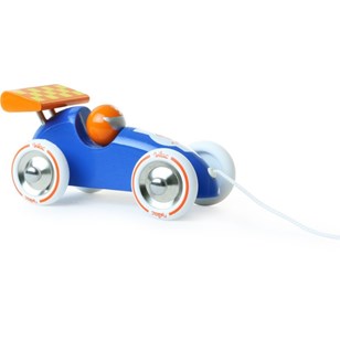 Voiture De Course À Traîner Bleue Orange en bois fabrication française