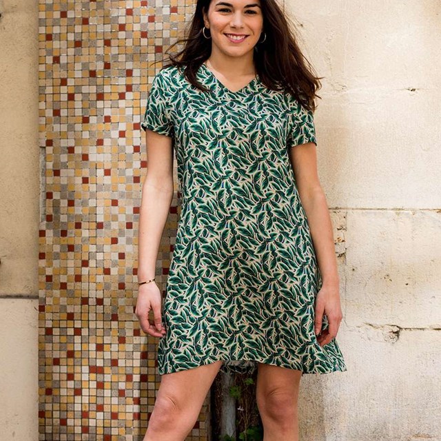 ROBE ZELDA DROITE 100% VISCOSE IMPRIMÉ FEUILLE VERTE 6