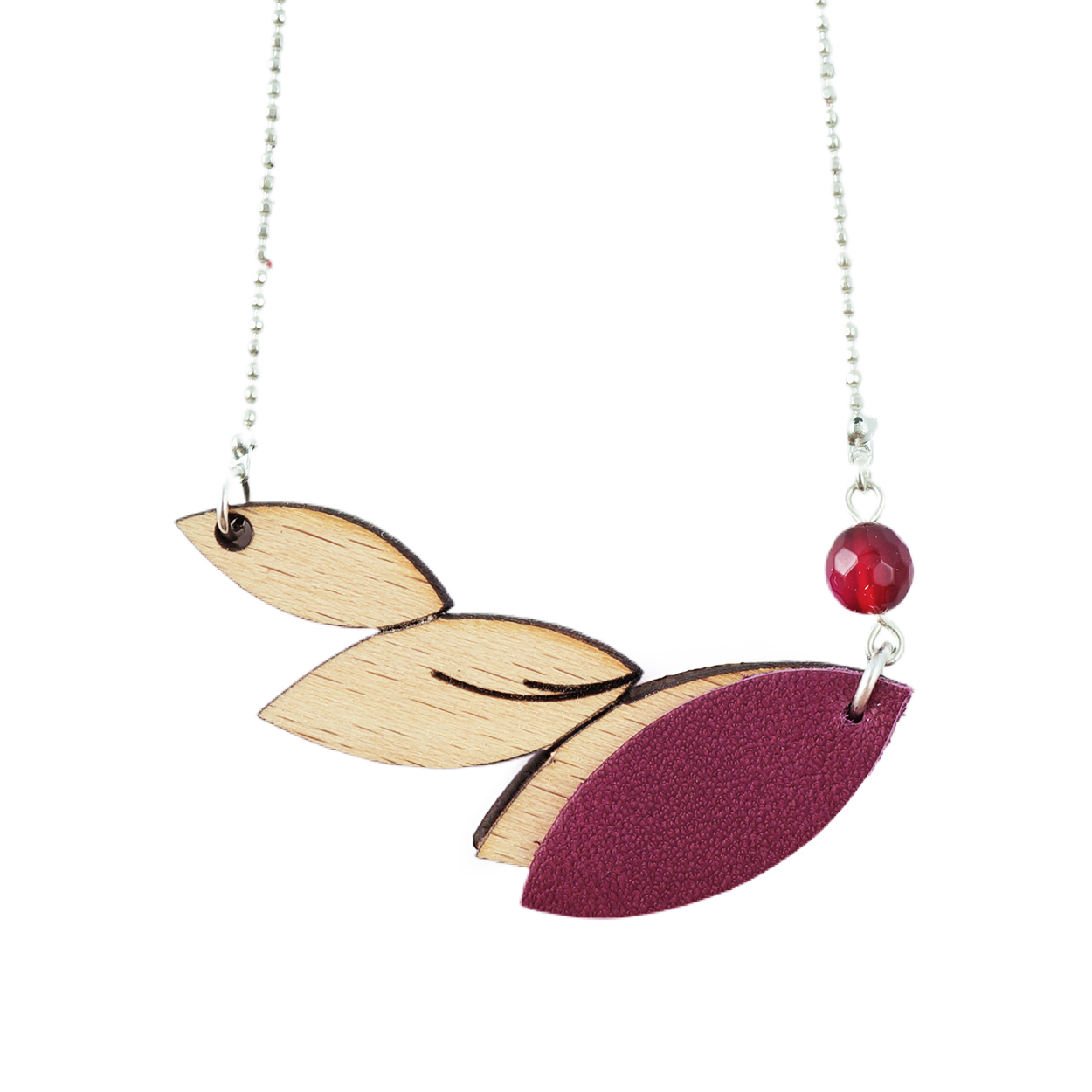 Collier en bois et cuir PLUME Prune 4