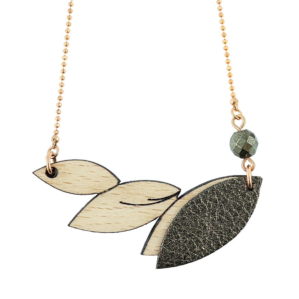 Collier en bois et cuir PLUME Kaki 4