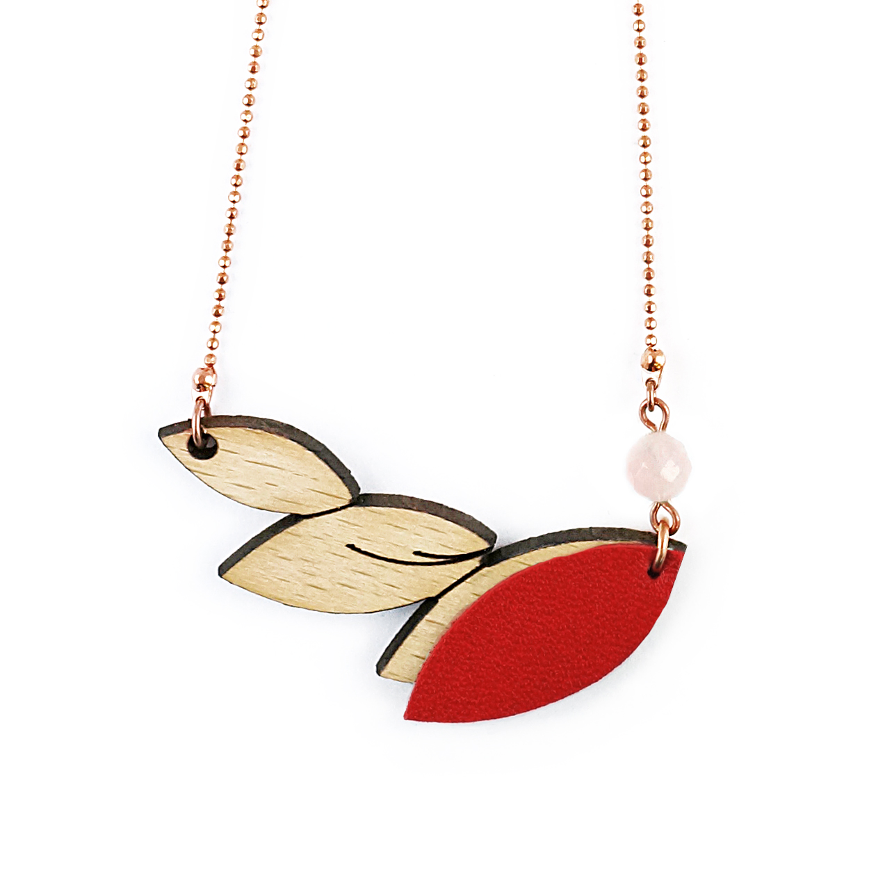 Collier en bois et cuir PLUME Rouge 3