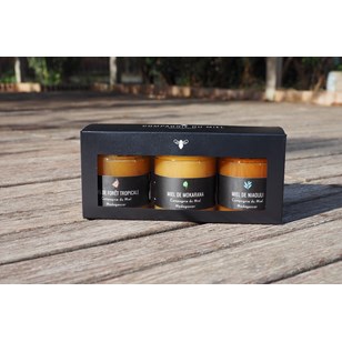 Pack découverte trois miels, coffret en carton noir