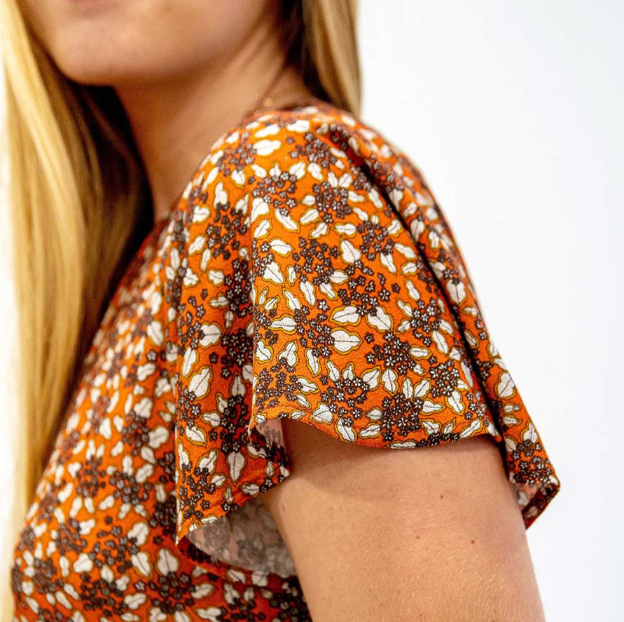 ZELDA, MANCHES PAPILLON, IMPRIMÉ ORANGE, 100% VISCOSE 2