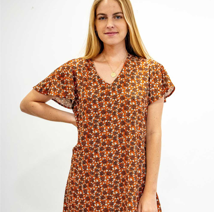 ZELDA, MANCHES PAPILLON, IMPRIMÉ ORANGE, 100% VISCOSE 4