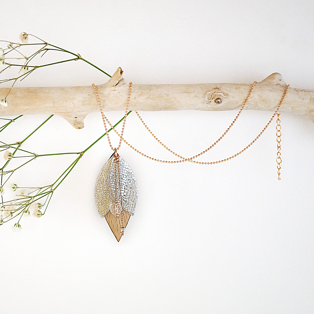 Collier en bois et cuir TULIPE Cristal 3