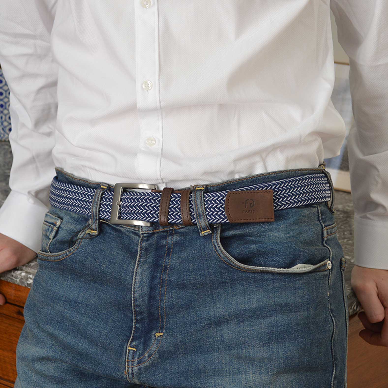 Ceinture tressée bleu marine et blanc 5