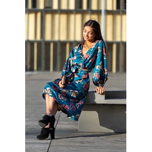 Robe KYOTO imprimé floral - Devant portefeuille et manches ballons