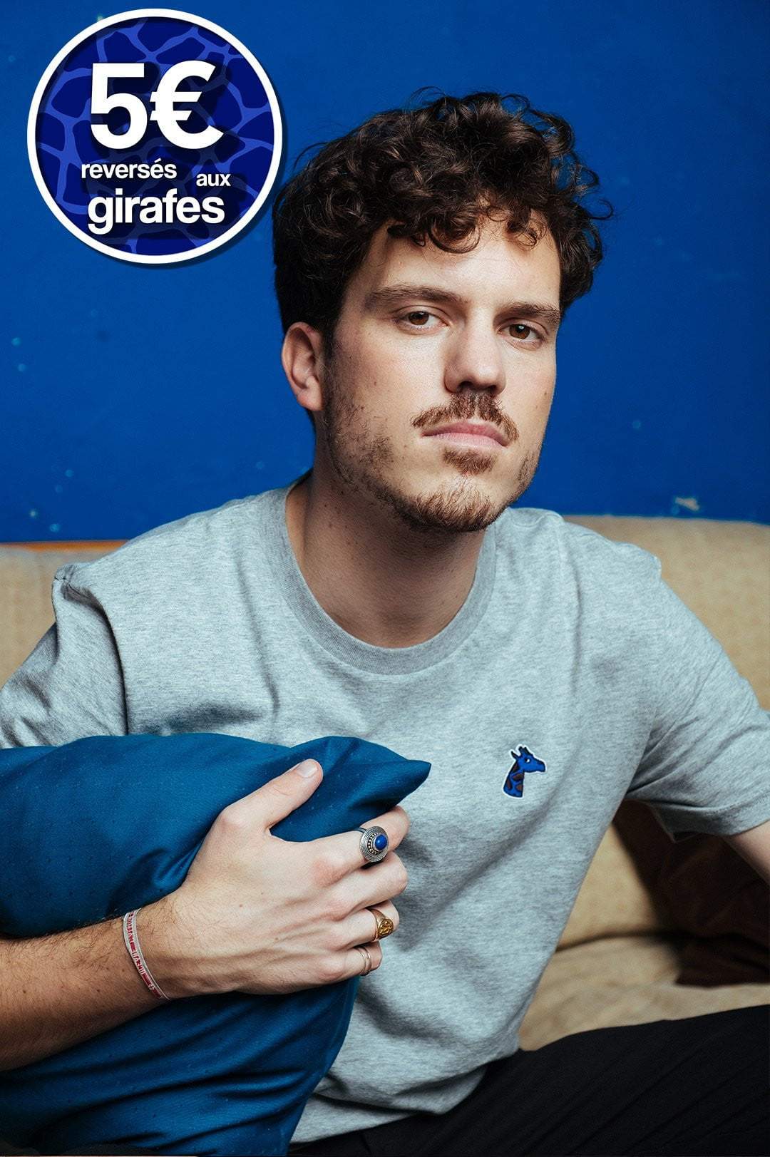 T-shirt coton bio brodé gris chiné - girafon bleu 3