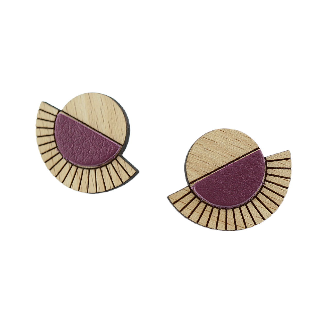 Puces d'oreilles en bois et cuir AZTÈQUE Prune 3