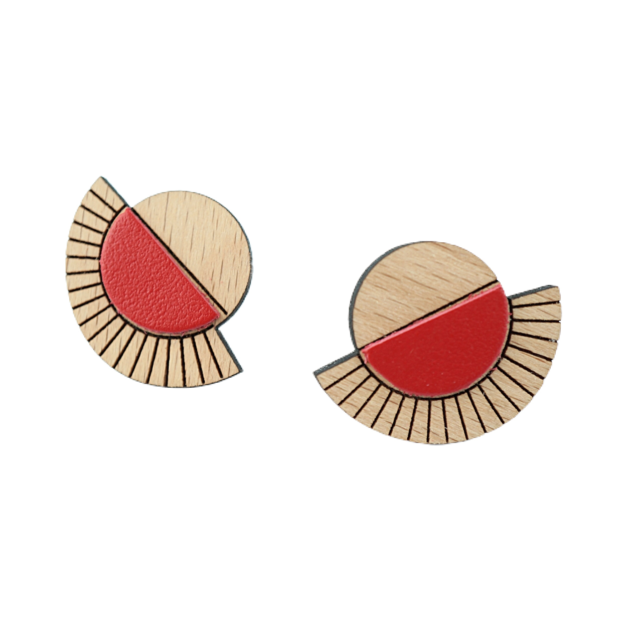 Puces d'oreilles en bois et cuir AZTÈQUE Rouge 3