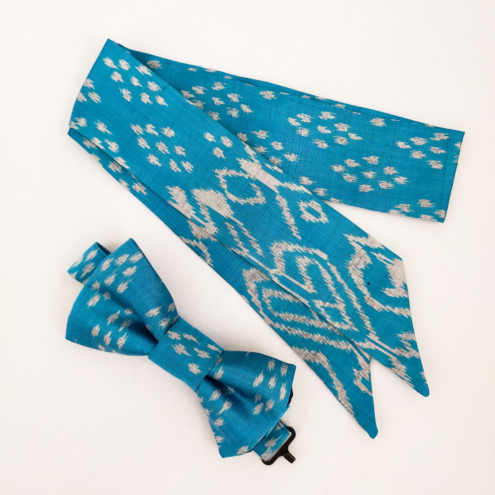 "Pack Elle & Lui" Noeud papillon & Mini Foulard - Bleu ikat 2