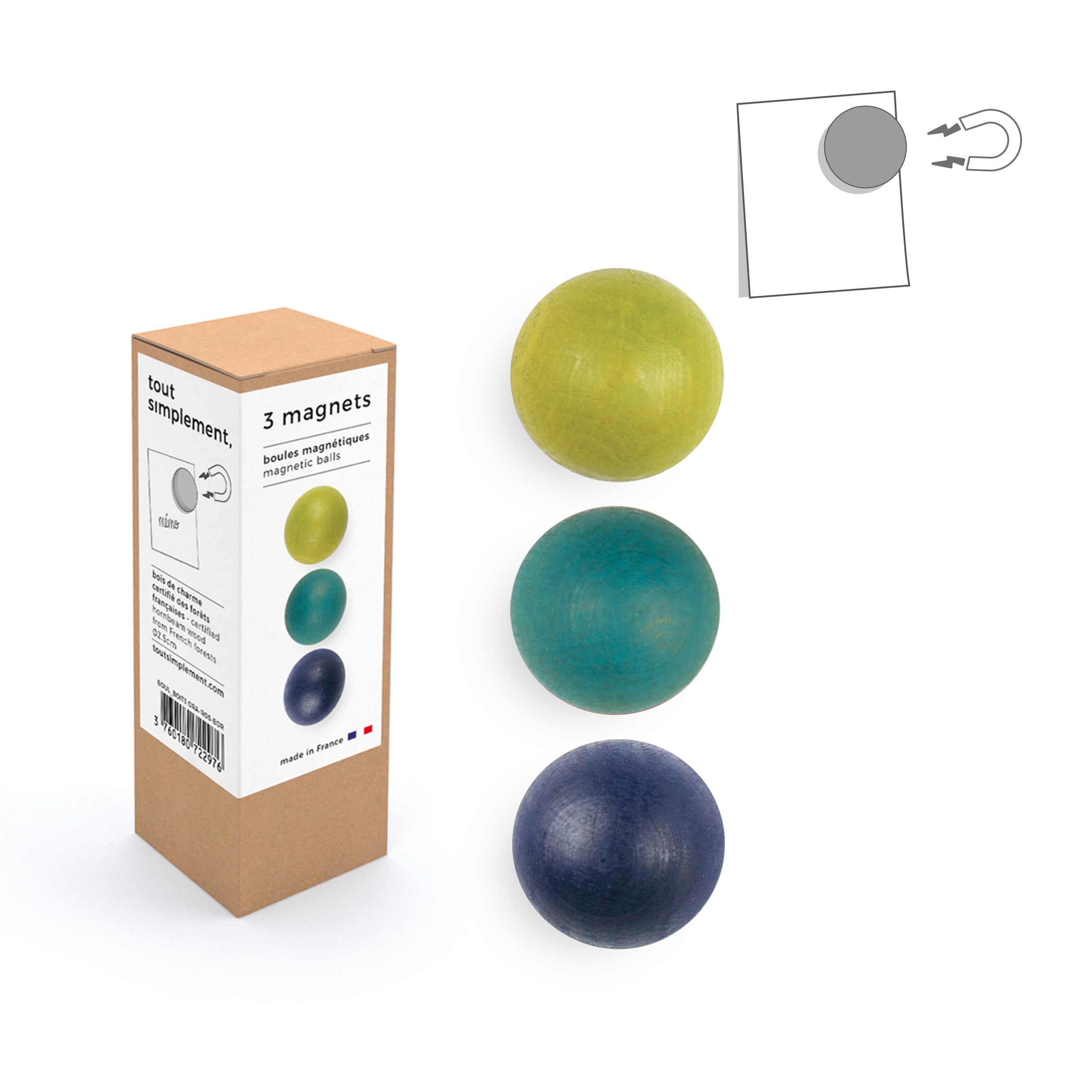 Boîte de 3 boules magnétiques en bois  : vert - bleu canard - bleu nuit 2