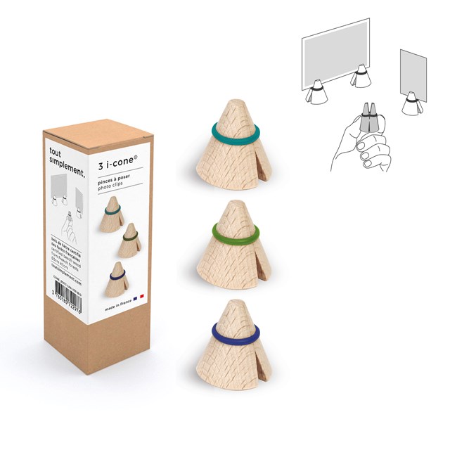 Boîte de 3 pinces photo & mémo en bois "i-cone" : anneaux bleu canard - vert - bleu roy 2