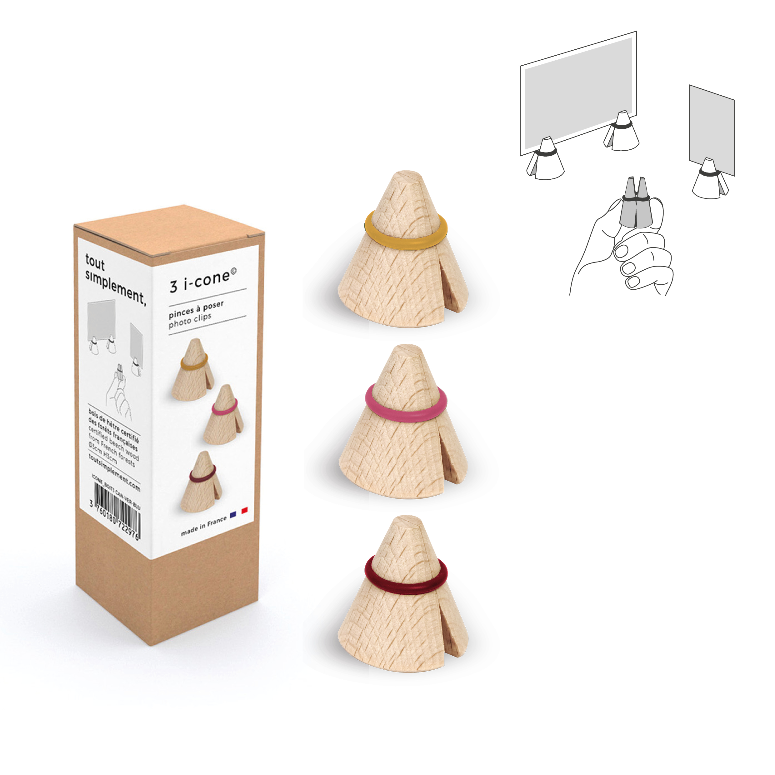 Boîte de 3 pinces photo & mémo en bois "i-cone" : anneaux moutarde - rose - bordeaux 2