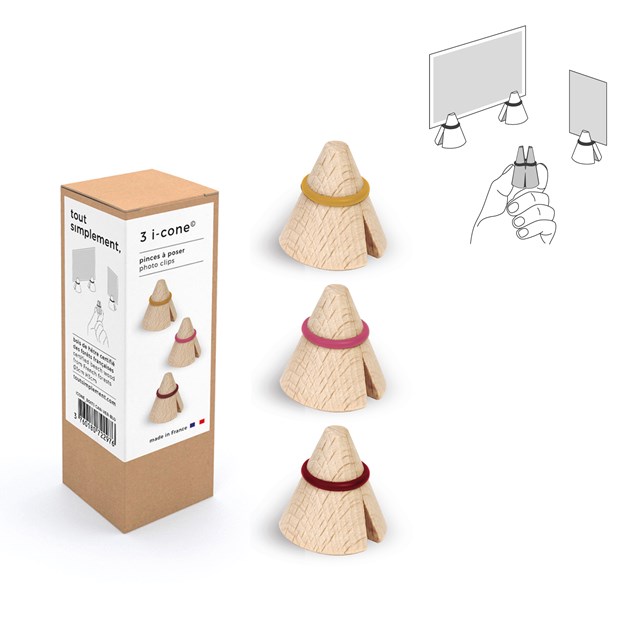 Boîte de 3 pinces photo & mémo en bois "i-cone" : anneaux moutarde - rose - bordeaux 2