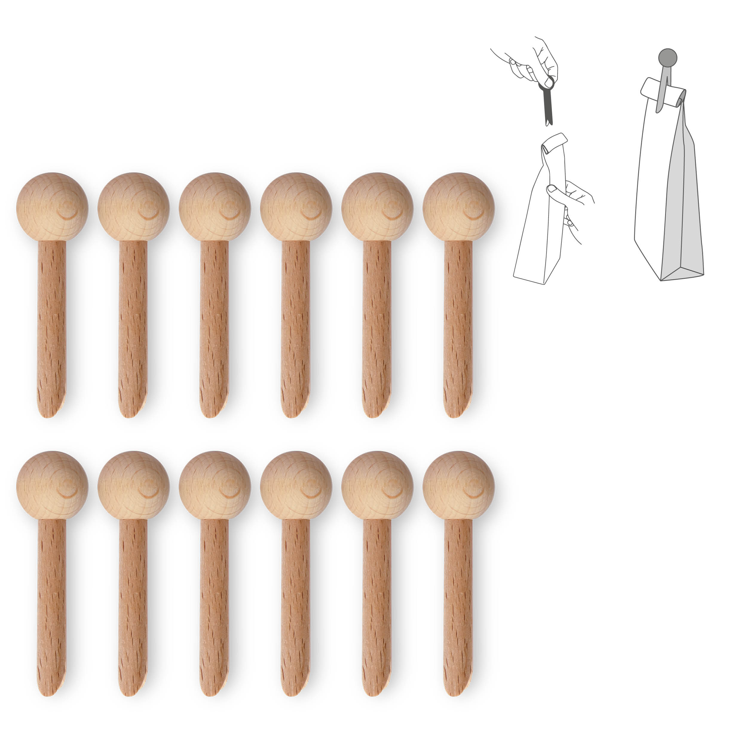 Lot de 12 pinces à sachet en bois "pince-mi" : naturelles - en vrac 2