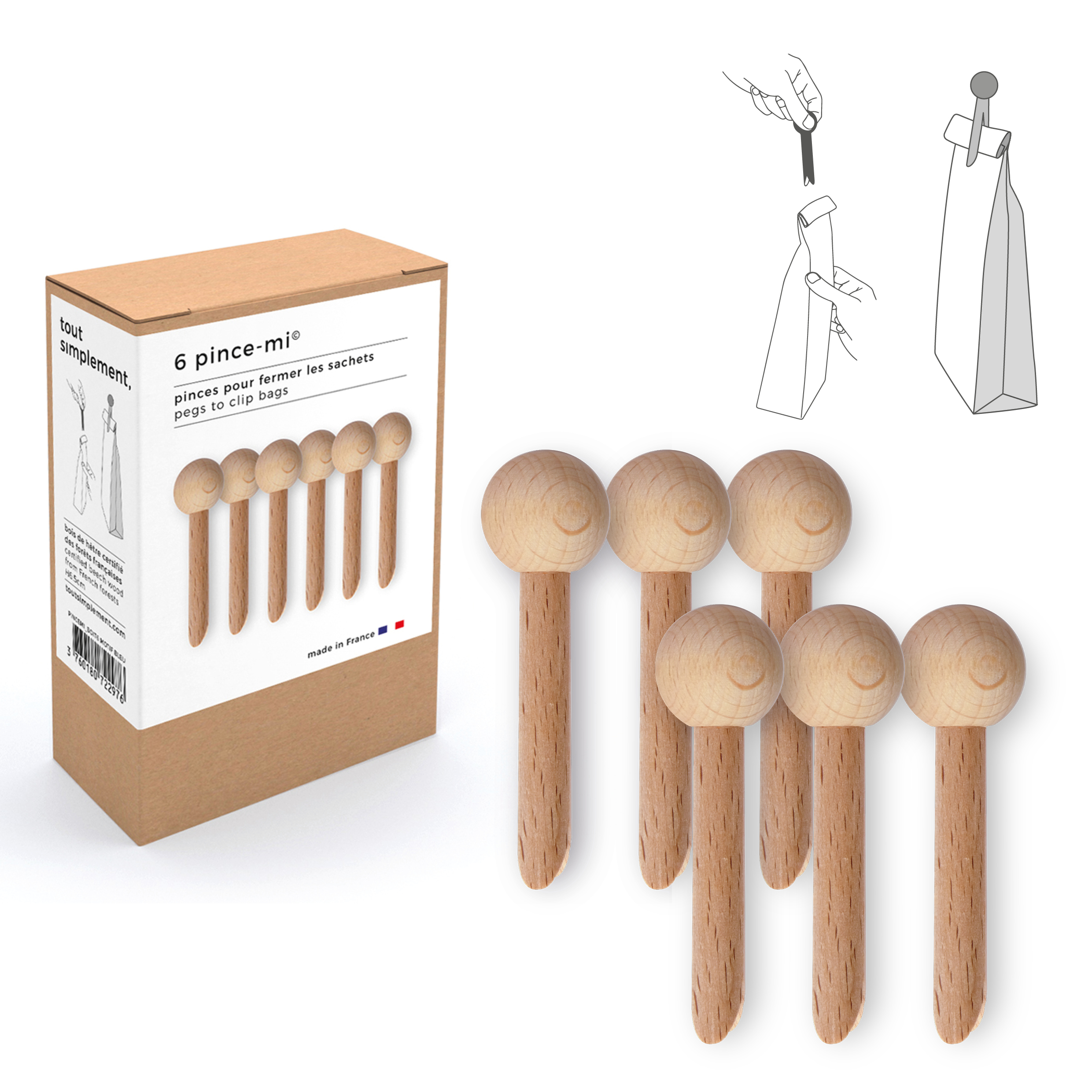 Boîte de 6 pinces à sachet en bois "pince-mi" : naturelles 4