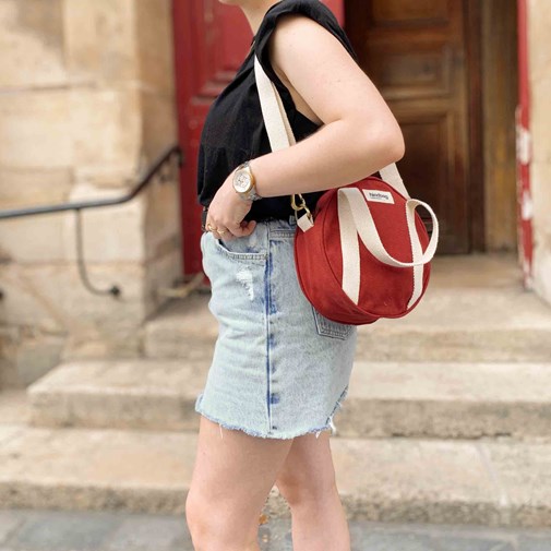 Sac à main rond LOUIS, avec bandoulière, rouge terracotta, coton bio