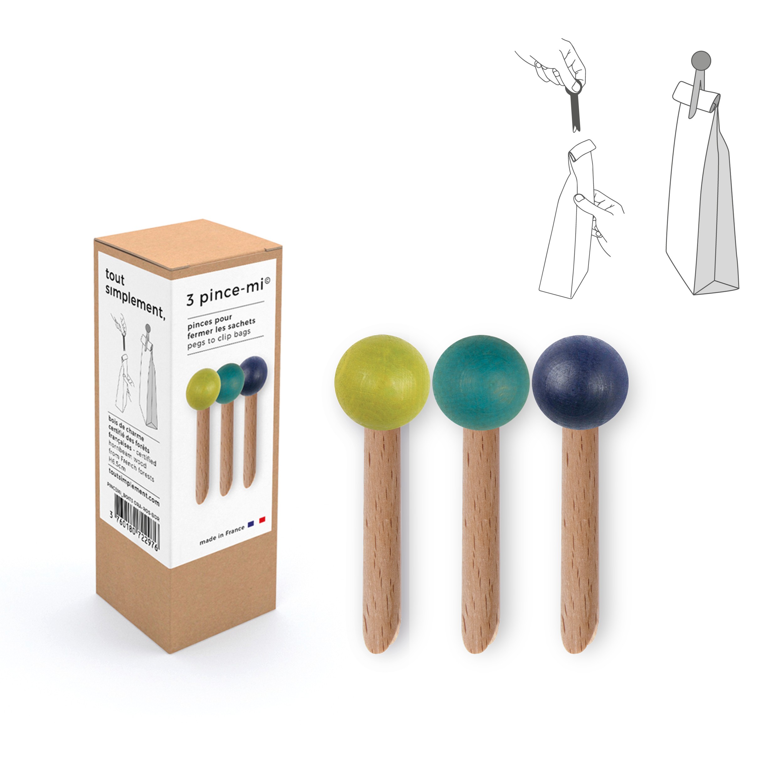 Boîte de 3 pinces à sachet en bois "pince-mi" : vert - bleu canard - bleu nuit 2