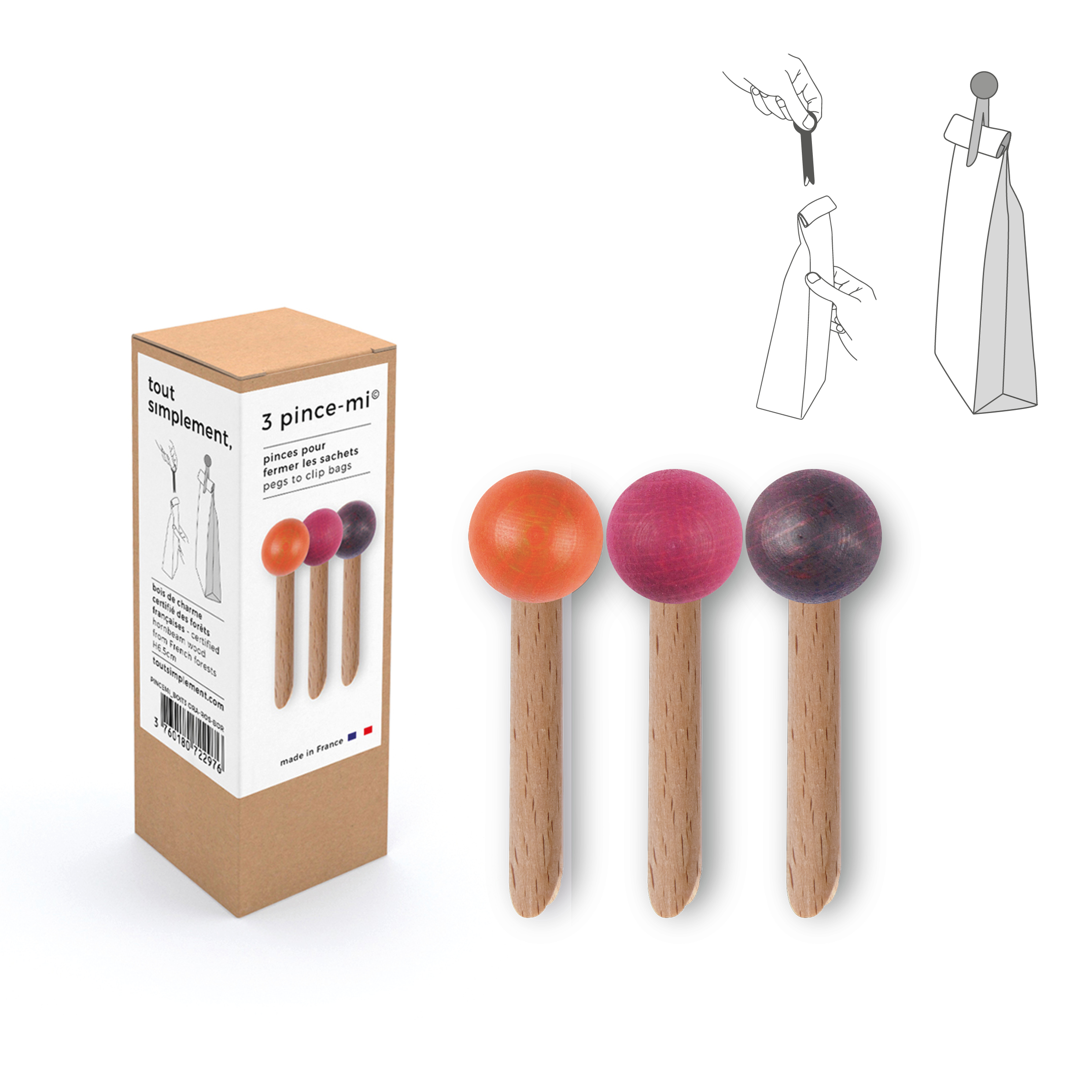 Boîte de 3 pinces à sachet en bois "pince-mi" : orange - rose - bordeaux 2