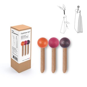 Boîte de 3 pinces à sachet en bois "pince-mi" : orange - rose - bordeaux