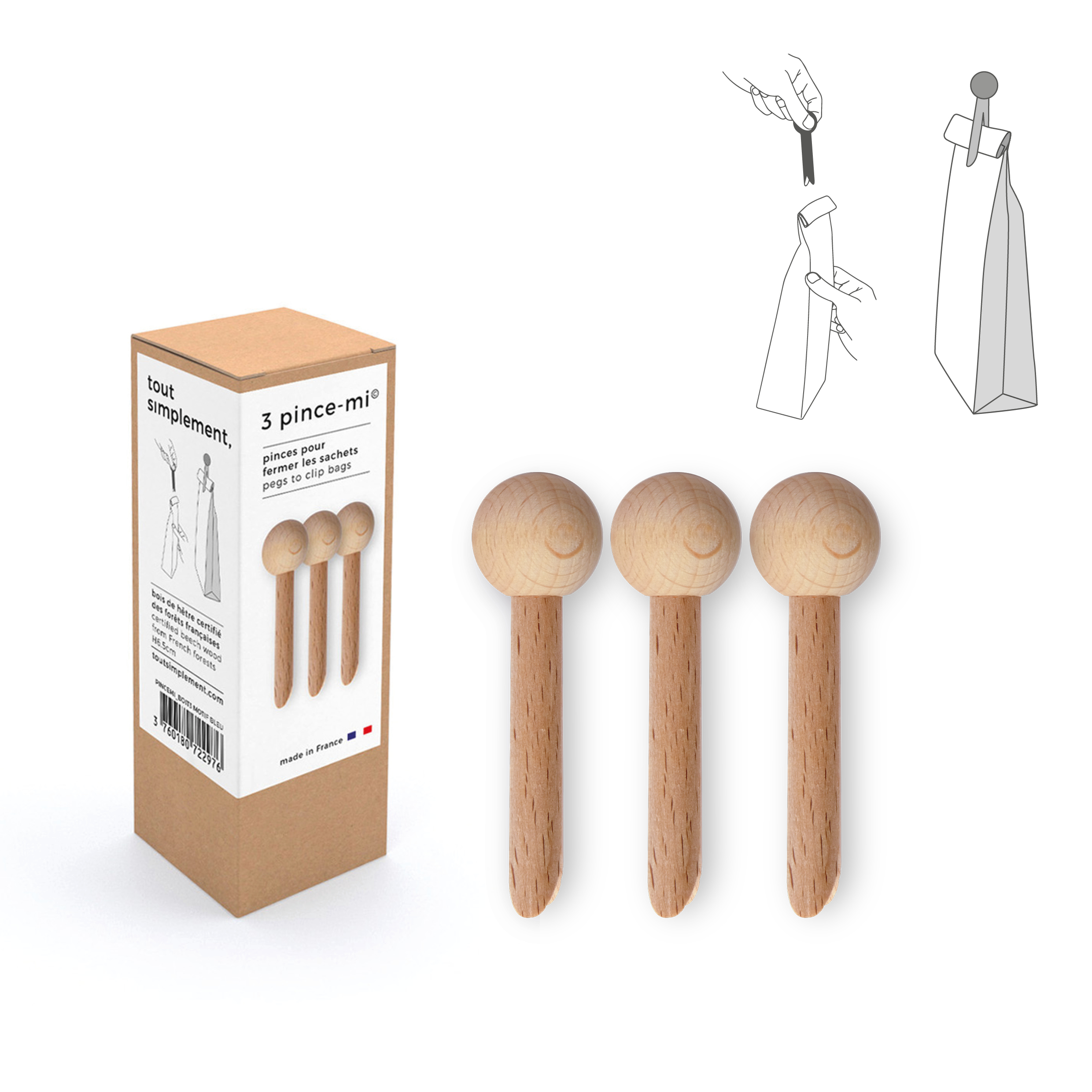 Boîte de 3 pinces à sachet en bois "pince-mi" : naturelles 3
