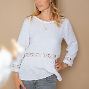 Blouse blanche broderie anglaise en gaze de coton biologique GOTS - Robine