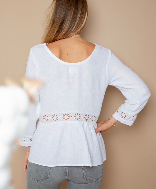 Blouse blanche broderie anglaise en gaze de coton biologique GOTS - Robine