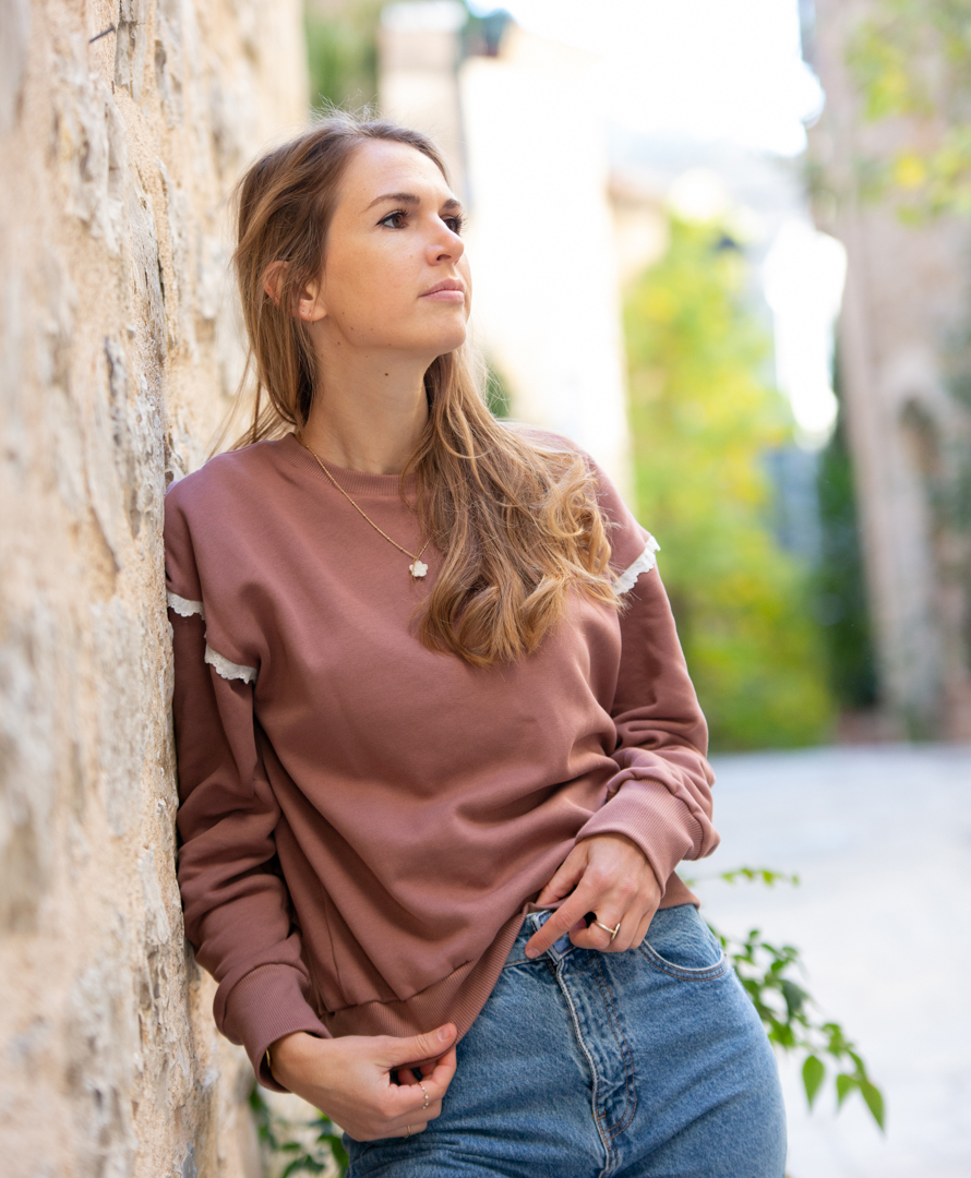 Sweat coloris vieux rose en coton biologique certifié GOTS - Camélia