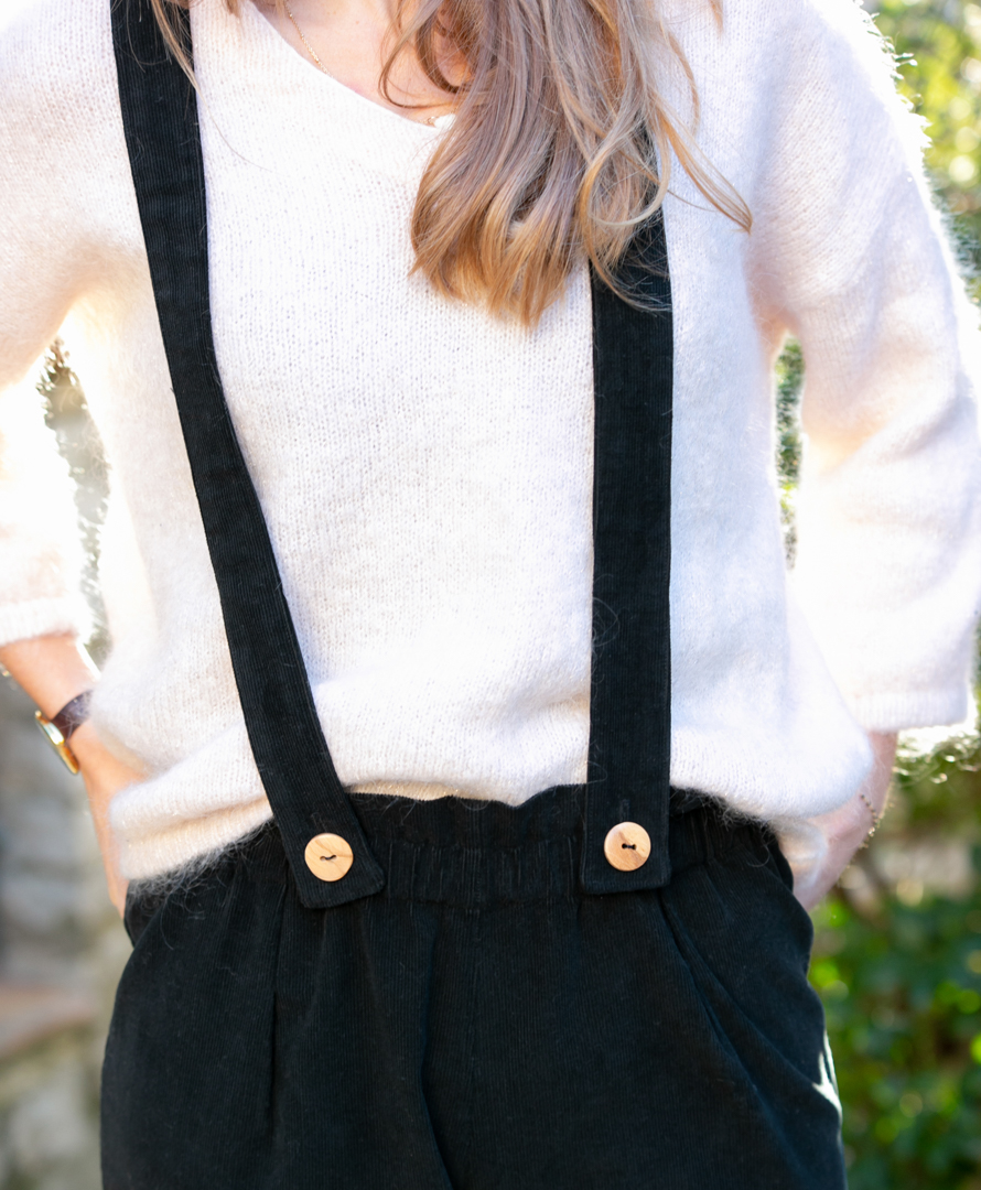 Pantalon noir à bretelles en velours côtelé coton biologique GOTS